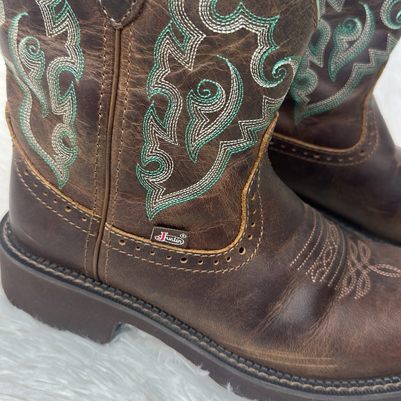 ❌SOLD❌Justin Gypsy Gemma 8" Western Boots Brown Green Festival Boho Rodeo Cowb… - Picture 2 of 11